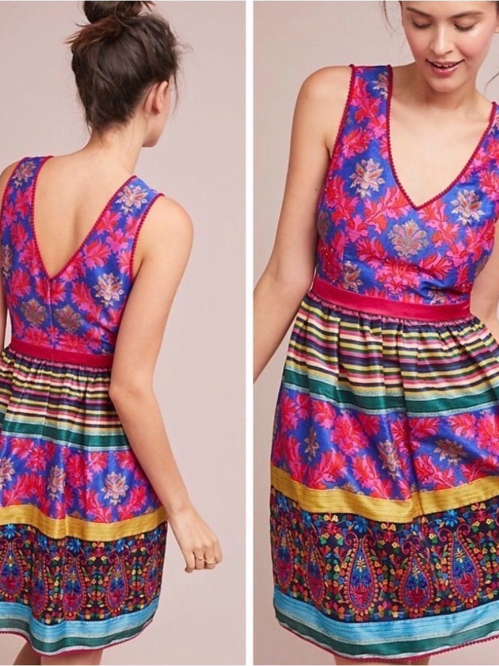 Vibrant Floral Stripe V-Neck Sundress - Payal Jain Fuchsia & Blue size 2